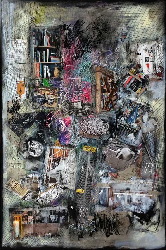 derrière le grillage - peinture acrylique et collage sur toile - 60 cm x 90 cm derrière le grillage - peinture acrylique et collage sur toile - 60 cm x 90 cm