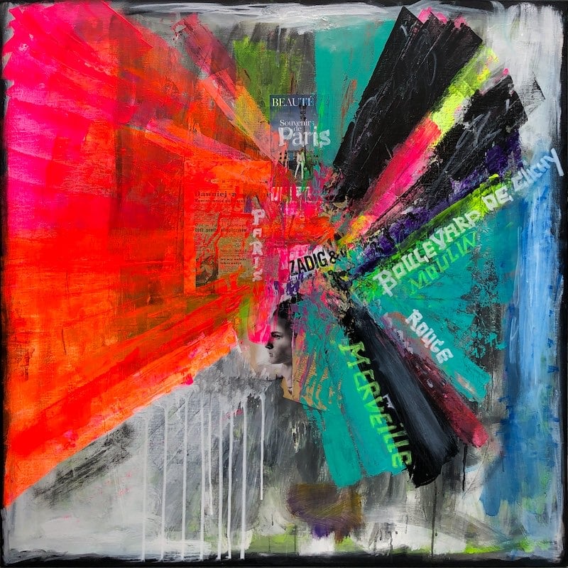 Le moulin - peinture acrylique et collage sur toile - 100 cm x 100 cm - Marzena Lavrilleux - artiste peintre Le moulin - peinture acrylique et collage sur toile - 100 cm x 100 cm - Marzena Lavrilleux - artiste peintre